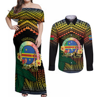 Personalised Tafea Day Couples Matching Off Shoulder Maxi Dress and Long Sleeve Button Shirt Vanuatu Provinces Polynesian Pattern LT14 Black - Polynesian Pride