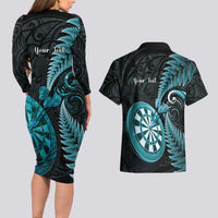 Personalised New Zealand Darts Couples Matching Long Sleeve Bodycon Dress and Hawaiian Shirt Happiness Is A Tight Threesome Maori Paua Shell