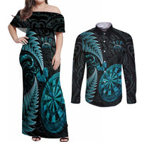 Personalised New Zealand Darts Couples Matching Off Shoulder Maxi Dress and Long Sleeve Button Shirt Happiness Is A Tight Threesome Maori Paua Shell