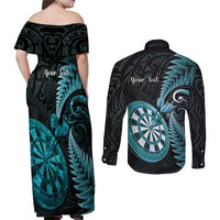Personalised New Zealand Darts Couples Matching Off Shoulder Maxi Dress and Long Sleeve Button Shirt Happiness Is A Tight Threesome Maori Paua Shell