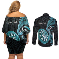 Personalised New Zealand Darts Couples Matching Off Shoulder Short Dress and Long Sleeve Button Shirt Happiness Is A Tight Threesome Maori Paua Shell