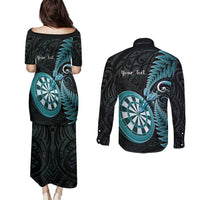 Personalised New Zealand Darts Couples Matching Puletasi and Long Sleeve Button Shirt Happiness Is A Tight Threesome Maori Paua Shell
