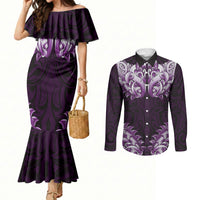 New Zealand Ta Moko Couples Matching Mermaid Dress and Long Sleeve Button Shirt Aotearoa Maori Chest Tattoo Purple LT14 Purple - Polynesian Pride