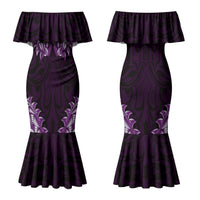 New Zealand Ta Moko Couples Matching Mermaid Dress and Long Sleeve Button Shirt Aotearoa Maori Chest Tattoo Purple LT14 - Polynesian Pride