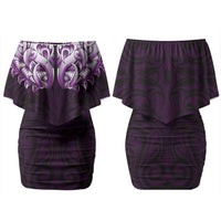 New Zealand Ta Moko Couples Matching Off Shoulder Short Dress and Long Sleeve Button Shirt Aotearoa Maori Chest Tattoo Purple LT14 - Polynesian Pride