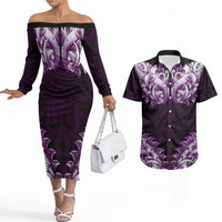 New Zealand Ta Moko Couples Matching Off The Shoulder Long Sleeve Dress and Hawaiian Shirt Aotearoa Maori Chest Tattoo Purple LT14 Purple - Polynesian Pride