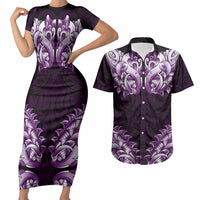 New Zealand Ta Moko Couples Matching Short Sleeve Bodycon Dress and Hawaiian Shirt Aotearoa Maori Chest Tattoo Purple LT14 Purple - Polynesian Pride