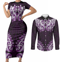New Zealand Ta Moko Couples Matching Short Sleeve Bodycon Dress and Long Sleeve Button Shirt Aotearoa Maori Chest Tattoo Purple LT14 Purple - Polynesian Pride