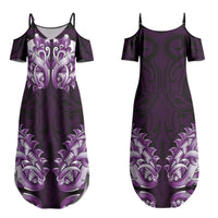 New Zealand Ta Moko Couples Matching Summer Maxi Dress and Hawaiian Shirt Aotearoa Maori Chest Tattoo Purple LT14 - Polynesian Pride