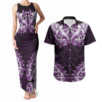 New Zealand Ta Moko Couples Matching Tank Maxi Dress and Hawaiian Shirt Aotearoa Maori Chest Tattoo Purple LT14 Purple - Polynesian Pride