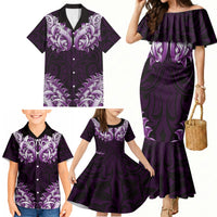 New Zealand Ta Moko Family Matching Mermaid Dress and Hawaiian Shirt Aotearoa Maori Chest Tattoo Purple LT14 - Polynesian Pride