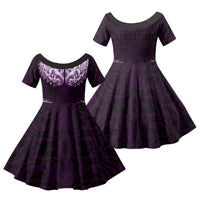 New Zealand Ta Moko Family Matching Off Shoulder Short Dress and Hawaiian Shirt Aotearoa Maori Chest Tattoo Purple LT14 Daughter's Dress Purple - Polynesian Pride