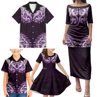 New Zealand Ta Moko Family Matching Puletasi and Hawaiian Shirt Aotearoa Maori Chest Tattoo Purple LT14 - Polynesian Pride
