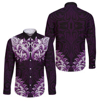 New Zealand Ta Moko Family Matching Puletasi and Hawaiian Shirt Aotearoa Maori Chest Tattoo Purple LT14 Dad's Shirt - Long Sleeve Purple - Polynesian Pride