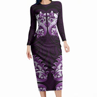 New Zealand Ta Moko Long Sleeve Bodycon Dress Aotearoa Maori Chest Tattoo Purple LT14 Long Dress Purple - Polynesian Pride