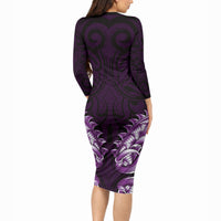 New Zealand Ta Moko Long Sleeve Bodycon Dress Aotearoa Maori Chest Tattoo Purple LT14 - Polynesian Pride