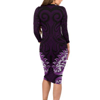 New Zealand Ta Moko Long Sleeve Bodycon Dress Aotearoa Maori Chest Tattoo Purple LT14 - Polynesian Pride