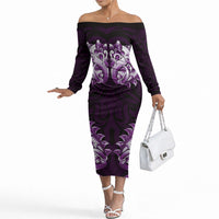 New Zealand Ta Moko Off The Shoulder Long Sleeve Dress Aotearoa Maori Chest Tattoo Purple LT14 Women Purple - Polynesian Pride