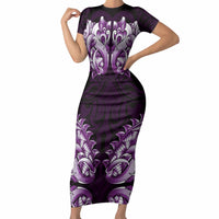New Zealand Ta Moko Short Sleeve Bodycon Dress Aotearoa Maori Chest Tattoo Purple LT14 Long Dress Purple - Polynesian Pride