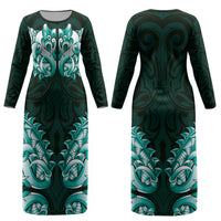 New Zealand Ta Moko Couples Matching Long Sleeve Bodycon Dress and Long Sleeve Button Shirt Aotearoa Maori Chest Tattoo Turquoise LT14 - Polynesian Pride