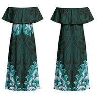New Zealand Ta Moko Couples Matching Off Shoulder Maxi Dress and Hawaiian Shirt Aotearoa Maori Chest Tattoo Turquoise LT14 - Polynesian Pride