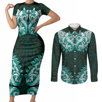 New Zealand Ta Moko Couples Matching Short Sleeve Bodycon Dress and Long Sleeve Button Shirt Aotearoa Maori Chest Tattoo Turquoise LT14 Turquoise - Polynesian Pride