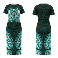 New Zealand Ta Moko Couples Matching Short Sleeve Bodycon Dress and Long Sleeve Button Shirt Aotearoa Maori Chest Tattoo Turquoise LT14 - Polynesian Pride