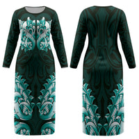 New Zealand Ta Moko Family Matching Long Sleeve Bodycon Dress and Hawaiian Shirt Aotearoa Maori Chest Tattoo Turquoise LT14 Mom's Dress Turquoise - Polynesian Pride