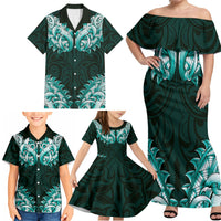 New Zealand Ta Moko Family Matching Off Shoulder Maxi Dress and Hawaiian Shirt Aotearoa Maori Chest Tattoo Turquoise LT14 - Polynesian Pride