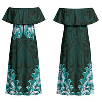 New Zealand Ta Moko Family Matching Off Shoulder Maxi Dress and Hawaiian Shirt Aotearoa Maori Chest Tattoo Turquoise LT14 Mom's Dress Turquoise - Polynesian Pride