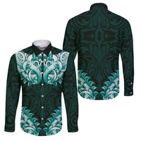 New Zealand Ta Moko Family Matching Off Shoulder Maxi Dress and Hawaiian Shirt Aotearoa Maori Chest Tattoo Turquoise LT14 Dad's Shirt - Long Sleeve Turquoise - Polynesian Pride