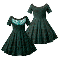 New Zealand Ta Moko Family Matching Off Shoulder Maxi Dress and Hawaiian Shirt Aotearoa Maori Chest Tattoo Turquoise LT14 Daughter's Dress Turquoise - Polynesian Pride