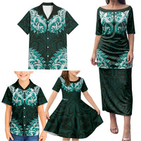 New Zealand Ta Moko Family Matching Puletasi and Hawaiian Shirt Aotearoa Maori Chest Tattoo Turquoise LT14 - Polynesian Pride
