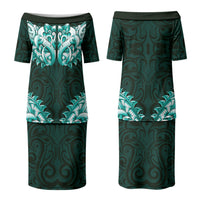 New Zealand Ta Moko Family Matching Puletasi and Hawaiian Shirt Aotearoa Maori Chest Tattoo Turquoise LT14 Mom's Dress Turquoise - Polynesian Pride