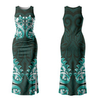 New Zealand Ta Moko Family Matching Tank Maxi Dress and Hawaiian Shirt Aotearoa Maori Chest Tattoo Turquoise LT14 Mom's Dress Turquoise - Polynesian Pride