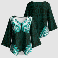 New Zealand Ta Moko Kimono Sleeve Blouse Aotearoa Maori Chest Tattoo Turquoise LT14 - Polynesian Pride