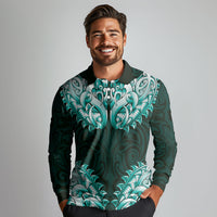 New Zealand Ta Moko Long Sleeve Polo Shirt Aotearoa Maori Chest Tattoo Turquoise LT14 - Polynesian Pride