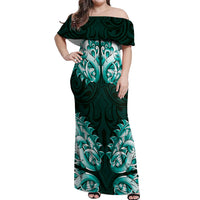 New Zealand Ta Moko Off Shoulder Maxi Dress Aotearoa Maori Chest Tattoo Turquoise LT14 Women Turquoise - Polynesian Pride
