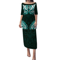 New Zealand Ta Moko Puletasi Aotearoa Maori Chest Tattoo Turquoise LT14 Long Dress Turquoise - Polynesian Pride