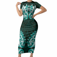 New Zealand Ta Moko Short Sleeve Bodycon Dress Aotearoa Maori Chest Tattoo Turquoise LT14 Long Dress Turquoise - Polynesian Pride