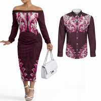 New Zealand Ta Moko Couples Matching Off The Shoulder Long Sleeve Dress and Long Sleeve Button Shirt Aotearoa Maori Chest Tattoo Pink LT14 Pink - Polynesian Pride