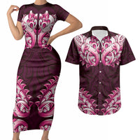 New Zealand Ta Moko Couples Matching Short Sleeve Bodycon Dress and Hawaiian Shirt Aotearoa Maori Chest Tattoo Pink LT14 Pink - Polynesian Pride