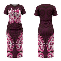 New Zealand Ta Moko Couples Matching Short Sleeve Bodycon Dress and Hawaiian Shirt Aotearoa Maori Chest Tattoo Pink LT14 - Polynesian Pride