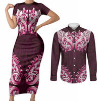 New Zealand Ta Moko Couples Matching Short Sleeve Bodycon Dress and Long Sleeve Button Shirt Aotearoa Maori Chest Tattoo Pink LT14 Pink - Polynesian Pride