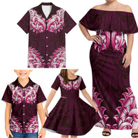 New Zealand Ta Moko Family Matching Off Shoulder Maxi Dress and Hawaiian Shirt Aotearoa Maori Chest Tattoo Pink LT14 - Polynesian Pride