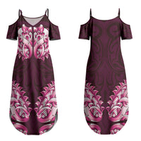 New Zealand Ta Moko Family Matching Summer Maxi Dress and Hawaiian Shirt Aotearoa Maori Chest Tattoo Pink LT14 Mom's Dress Pink - Polynesian Pride
