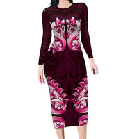 New Zealand Ta Moko Long Sleeve Bodycon Dress Aotearoa Maori Chest Tattoo Pink LT14 Long Dress Pink - Polynesian Pride