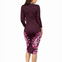 New Zealand Ta Moko Long Sleeve Bodycon Dress Aotearoa Maori Chest Tattoo Pink LT14 - Polynesian Pride