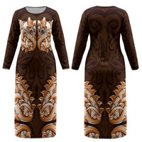 New Zealand Ta Moko Couples Matching Long Sleeve Bodycon Dress and Hawaiian Shirt Aotearoa Maori Chest Tattoo Orange LT14 - Polynesian Pride