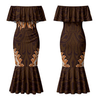 New Zealand Ta Moko Couples Matching Mermaid Dress and Long Sleeve Button Shirt Aotearoa Maori Chest Tattoo Orange LT14 - Polynesian Pride